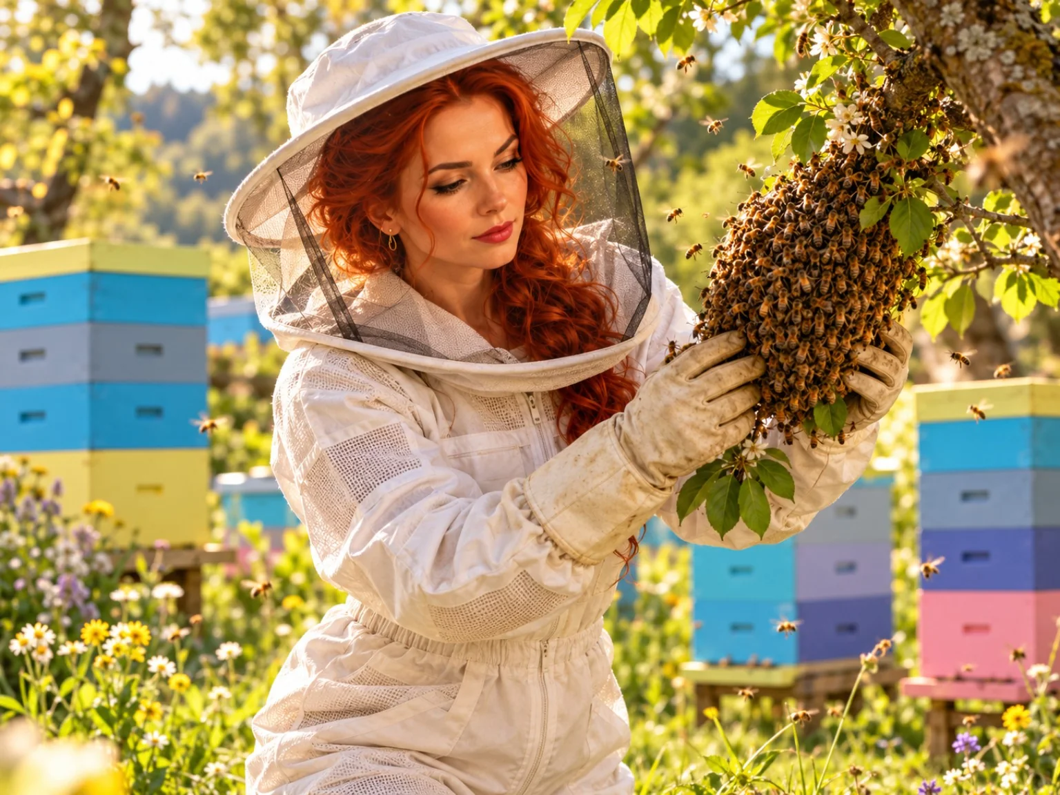 Apicultrice observant un essaim d'abeilles