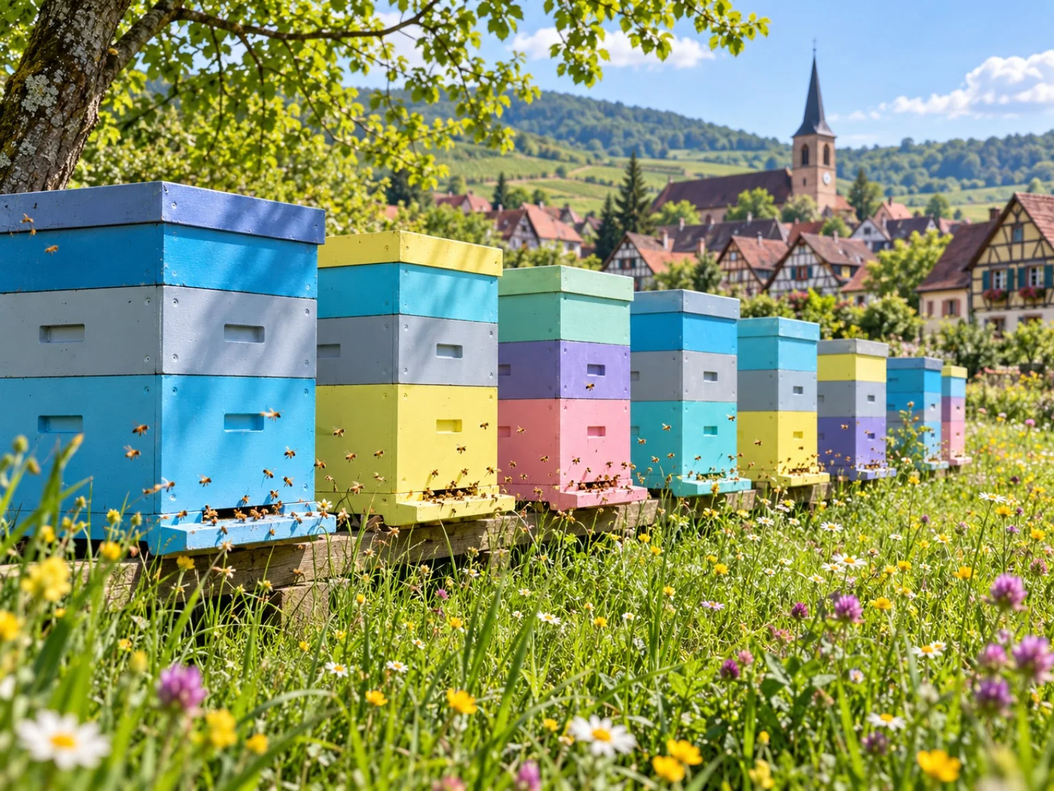 Ruches colorées dans un paysage de village alsacien
